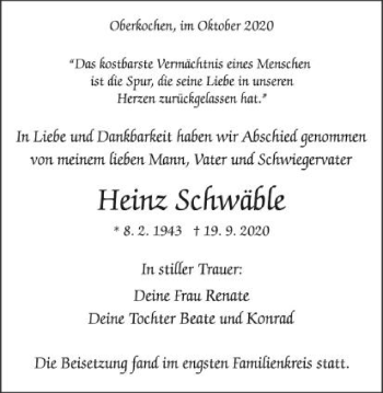 Traueranzeige von Heinz Schwäble von Amtsblatt_Oko