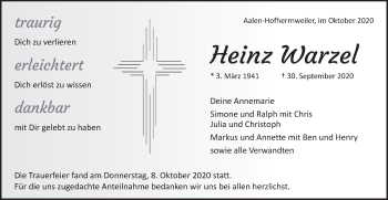 Traueranzeige von Heinz Warzel von Schwäbische Post