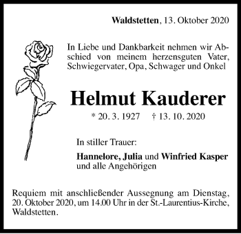 Traueranzeige von Helmut Kauderer von Gmünder Tagespost