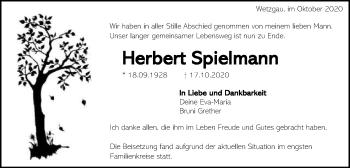 Traueranzeige von Herbert Spielmann von Gmünder Tagespost