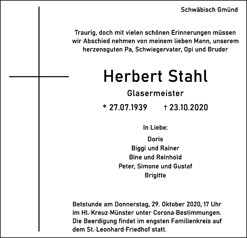  Traueranzeige für Herbert Stahl  vom 28.10.2020 aus Gmünder Tagespost