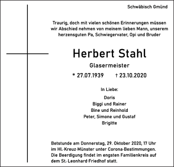 Traueranzeige von Herbert Stahl  von Gmünder Tagespost