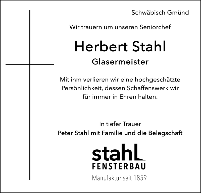  Traueranzeige für Herbert Stahl  vom 28.10.2020 aus Gmünder Tagespost