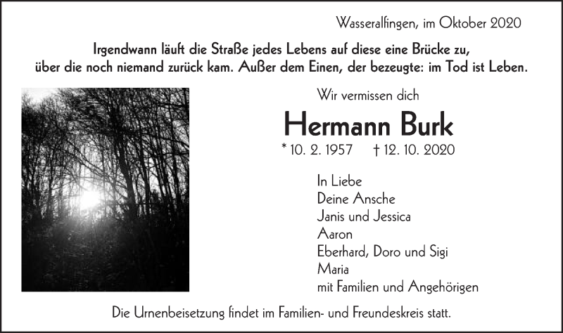  Traueranzeige für Hermann Burk vom 19.10.2020 aus Schwäbische Post