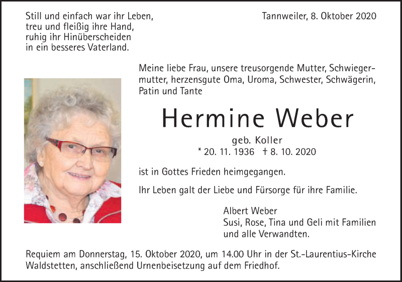  Traueranzeige für Hermine Weber vom 10.10.2020 aus Gmünder Tagespost