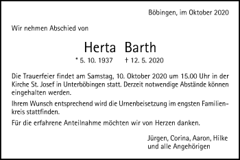 Traueranzeige von Herta Barth von Gmünder Tagespost