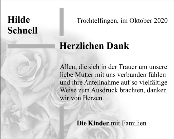 Traueranzeige von Hilde Schnell von Schwäbische Post