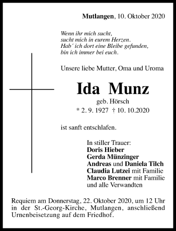 Traueranzeige von Ida Munz von Gmünder Tagespost