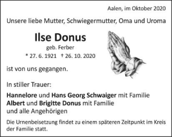 Traueranzeige von Ilse Donus von Schwäbische Post