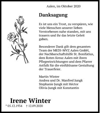 Traueranzeige von Irene Winter von Schwäbische Post
