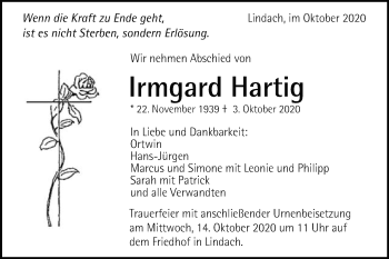 Traueranzeige von Irmgard Hartig von Gmünder Tagespost