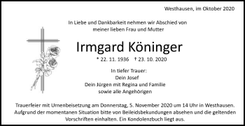 Traueranzeige von Irmgard Köninger von Schwäbische Post