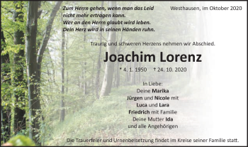 Traueranzeige von Joachim Lorenz von Schwäbische Post