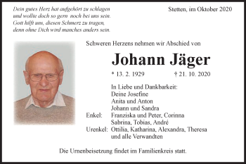 Traueranzeige von Johann Jäger von Schwäbische Post