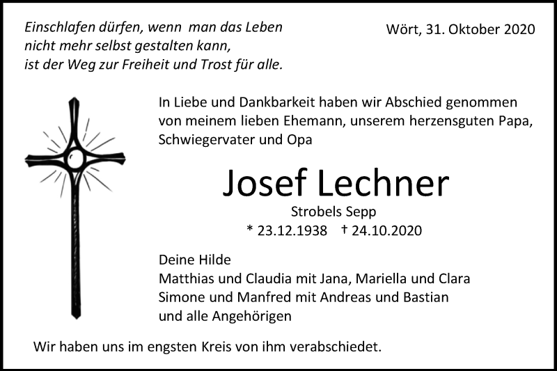  Traueranzeige für Josef Lechner vom 31.10.2020 aus Schwäbische Post