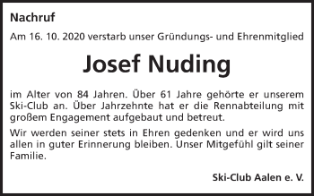 Traueranzeige von Josef Nuding von Schwäbische Post