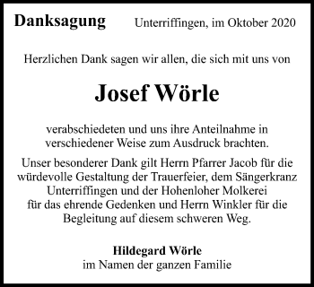 Traueranzeige von Josef Wörle von Schwäbische Post