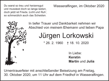 Traueranzeige von Jürgen Lorkowski von Schwäbische Post