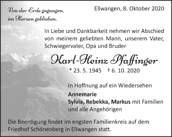 Traueranzeige von Karl-Heinz Pfaffinger von Schwäbische Post