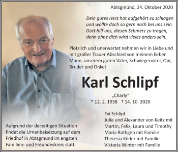 Traueranzeige von Karl Schlipf von Schwäbische Post