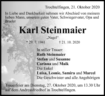 Traueranzeige von Karl Steinmaier von Schwäbische Post