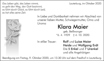 Traueranzeige von Klara Maier von Schwäbische Post