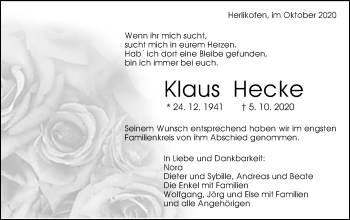 Traueranzeige von Klaus Hecke von Gmünder Tagespost