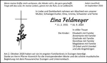 Traueranzeige von Lina Teldmeyer von Schwäbische Post