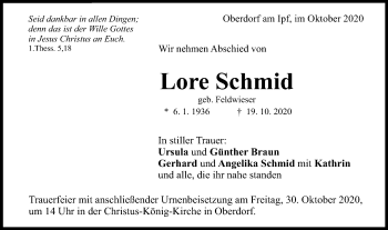 Traueranzeige von Lore Schmid von Schwäbische Post