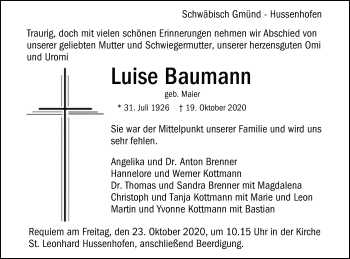 Traueranzeige von Luise Baumann von Gmünder Tagespost