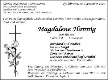 Traueranzeige von Magdalene Hannig von Gmünder Tagespost