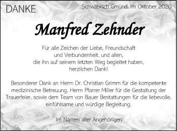 Traueranzeige von Manfred Zehnder von Gmünder Tagespost