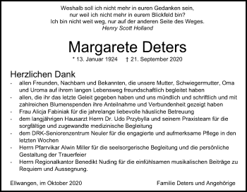 Traueranzeige von Margarete Deters von Schwäbische Post