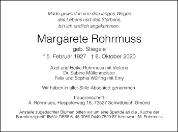 Traueranzeige von Margarete Rohrmuss von Gmünder Tagespost