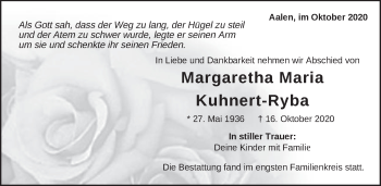 Traueranzeige von Margaretha Maria Kuhnert-Ryba von Schwäbische Post