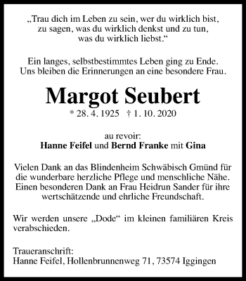 Traueranzeige von Margot Seubert von Gmünder Tagespost