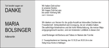 Traueranzeige von Maria Bolsinger von Schwäbische Post