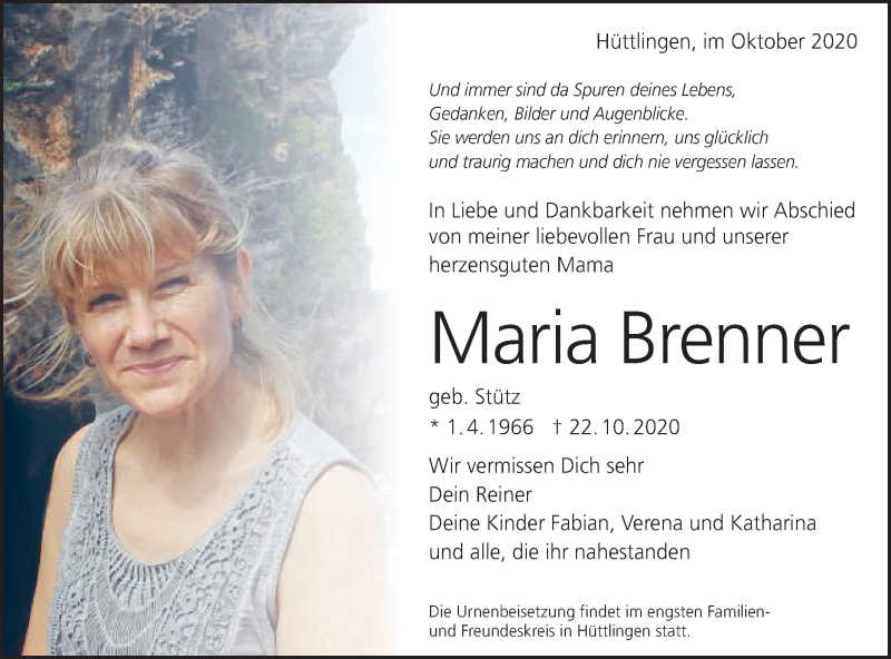  Traueranzeige für Maria Brenner vom 31.10.2020 aus Schwäbische Post
