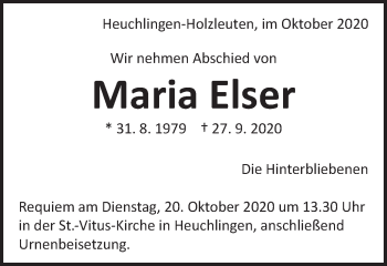 Traueranzeige von Maria Elser von Gmünder Tagespost