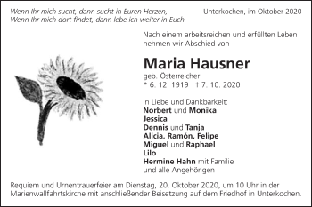 Traueranzeige von Maria Hausner von Schwäbische Post