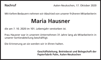 Traueranzeige von Maria Hausner von Schwäbische Post