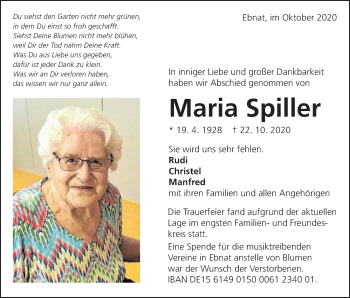 Traueranzeige von Maria Spiller von Schwäbische Post