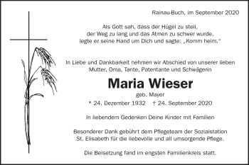 Traueranzeige von Maria Wieser von Schwäbische Post