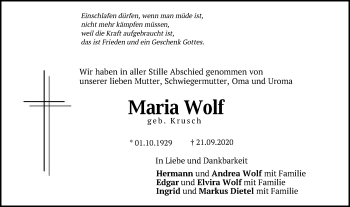 Traueranzeige von Maria Wolf von Schwäbische Post