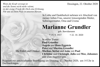 Traueranzeige von Marianne Grundler von Schwäbische Post
