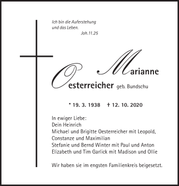 Traueranzeige von Marianne Oesterreicher von Schwäbische Post