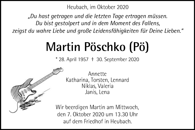  Traueranzeige für Martin Pöschko vom 05.10.2020 aus Schwäbische Post