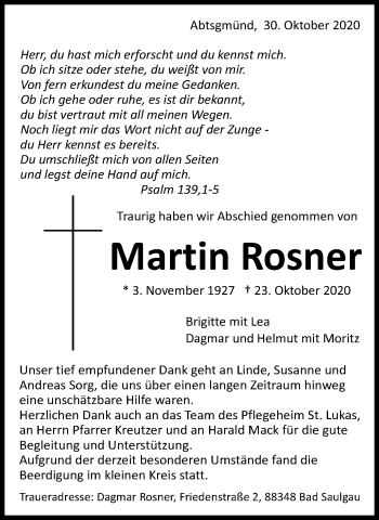 Traueranzeige von Martin Rosner von Schwäbische Post