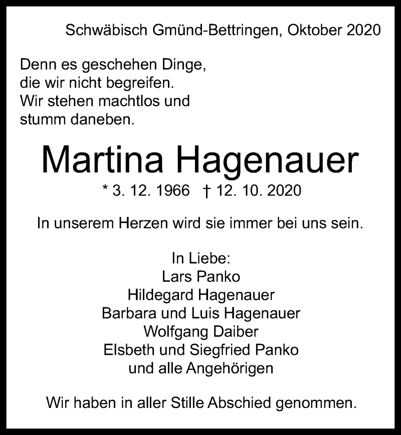  Traueranzeige für Martina Hagenauer vom 24.10.2020 aus Gmünder Tagespost