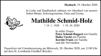 Traueranzeige von Mathilde Schmid-Holz von Gmünder Tagespost